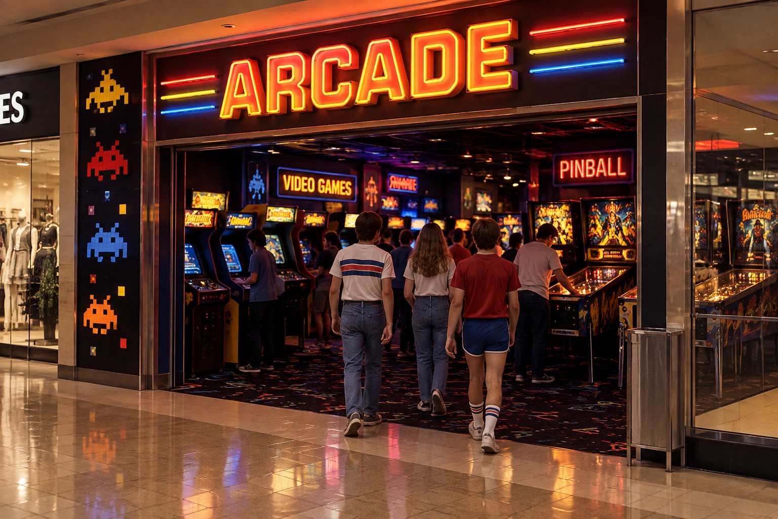 Kids outside a mall arcade at dusk