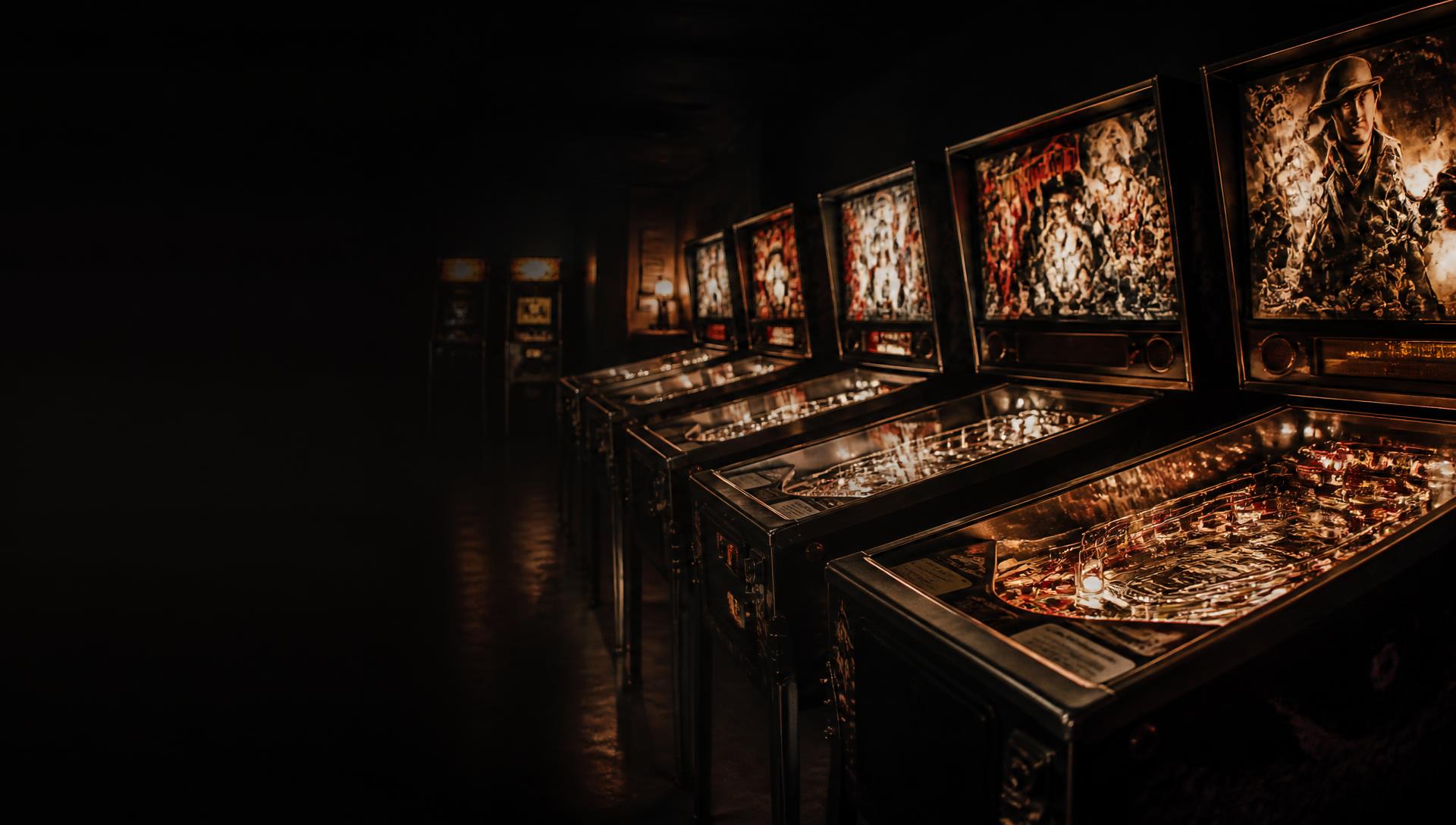 An illuminated private collection of pinball machines