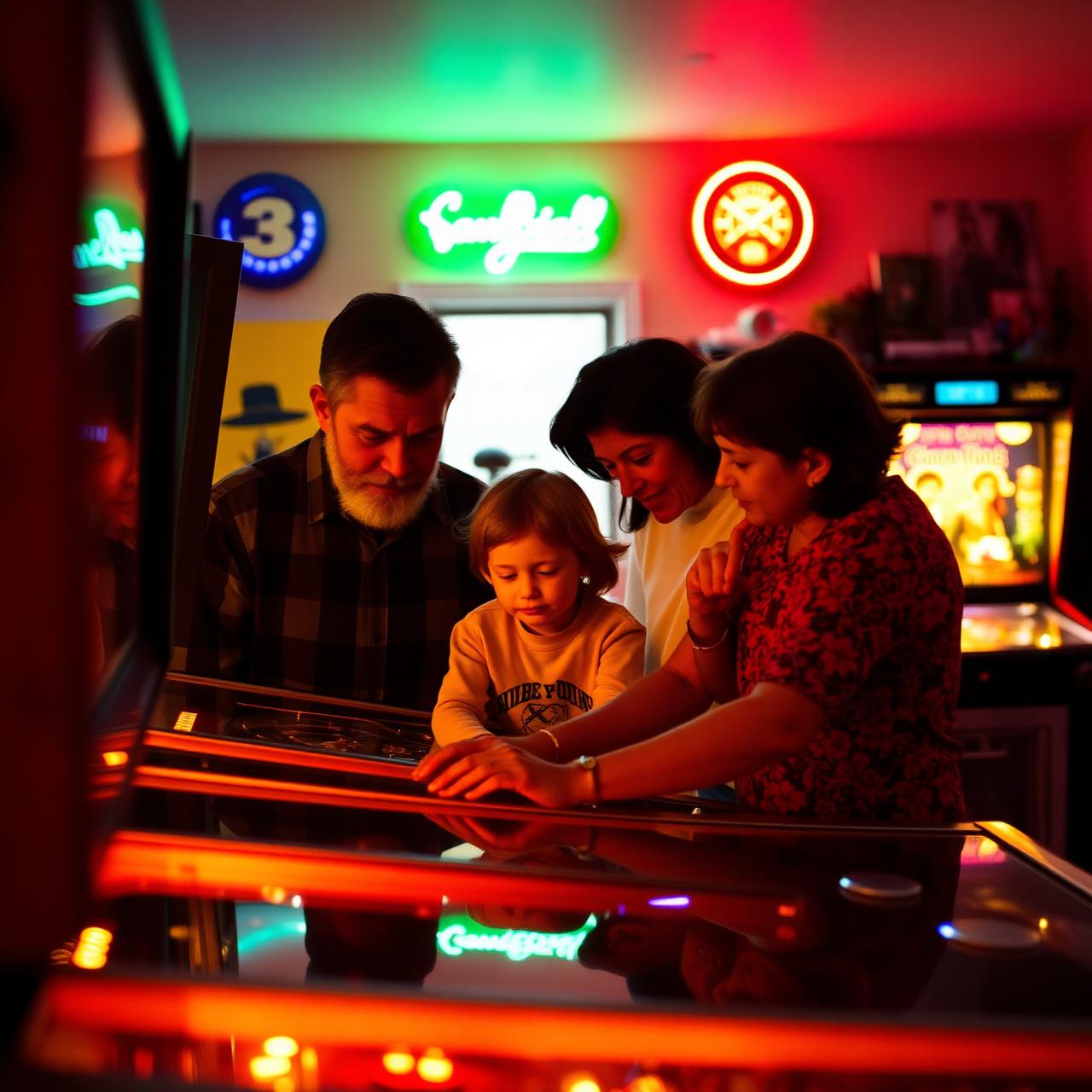 A family playing a pinball machine together