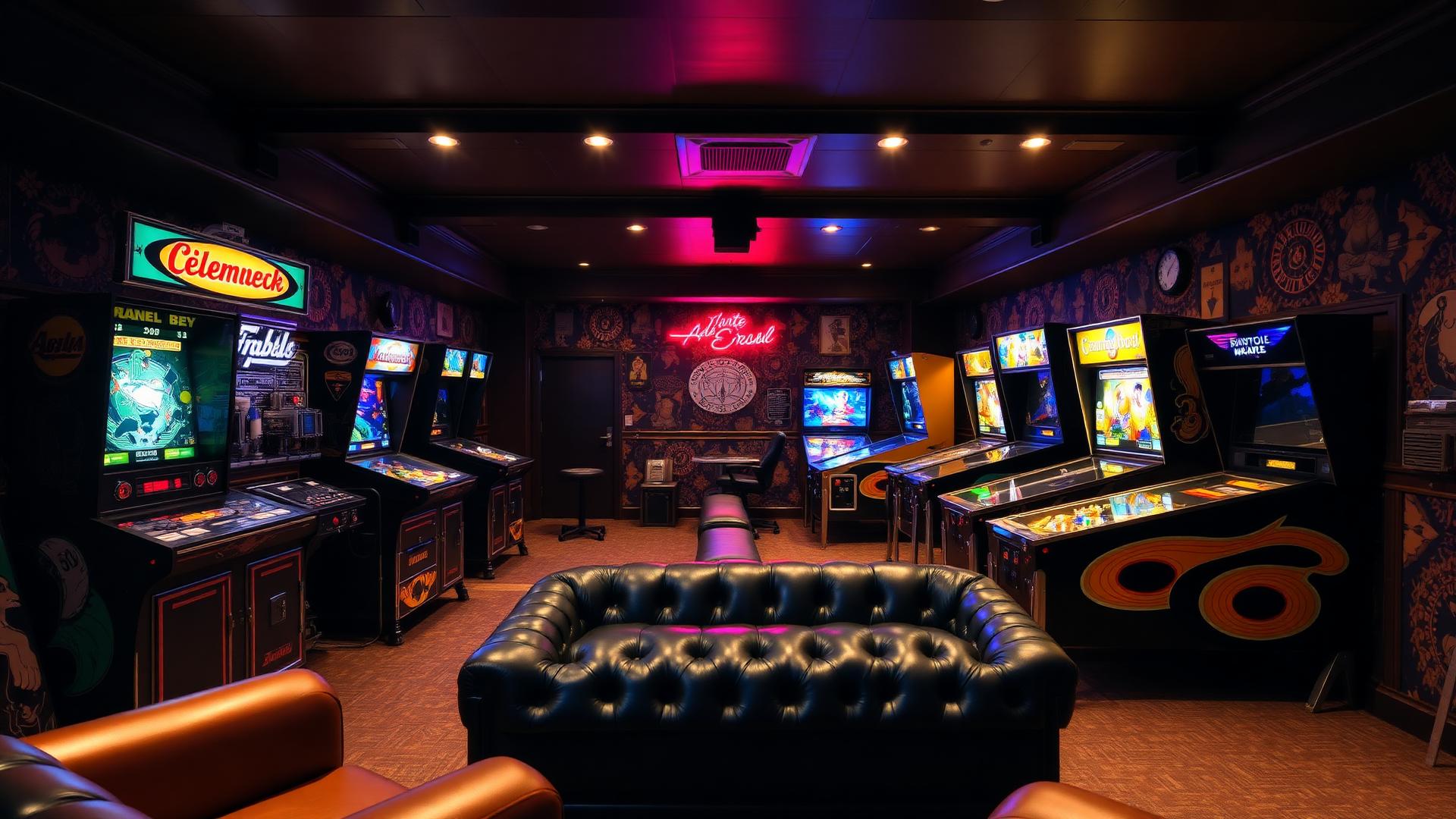 A home game room with pinball machines and cabinets
